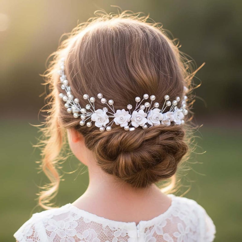 Campsis Flower Girls Hair Accessory, White Floral Headband, Pearl Headpiece for Bridal - Image 1